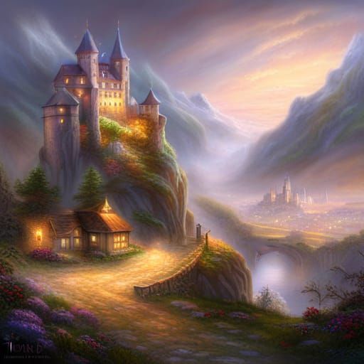 Ethereal Castle Overlooking Town in Kinkade Style