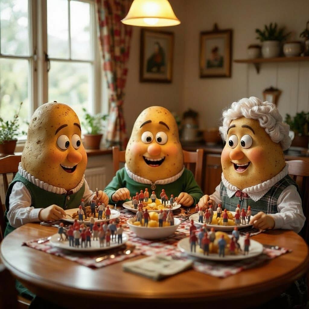 Anthropomorphic Potatoes Dine on Irish People at Dinner Tabl...