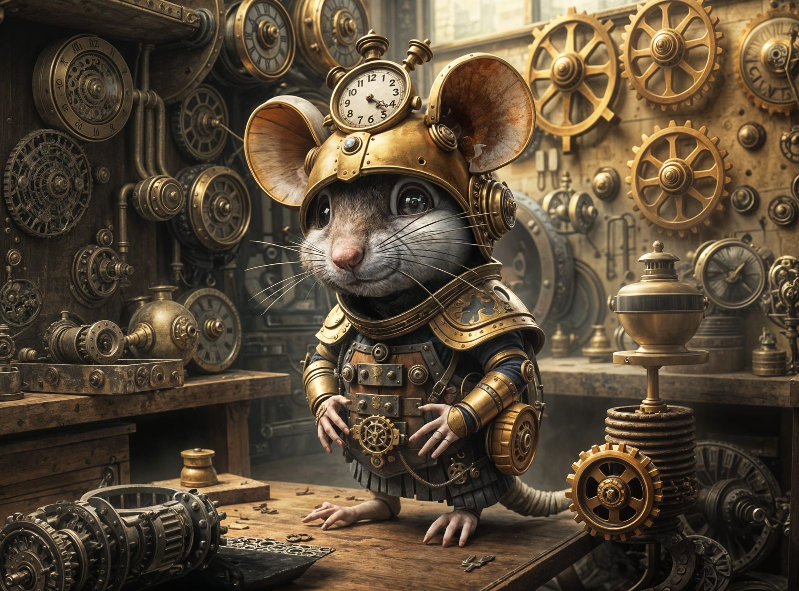 Steampunk Mouse Adventurer in Clockwork Workshop