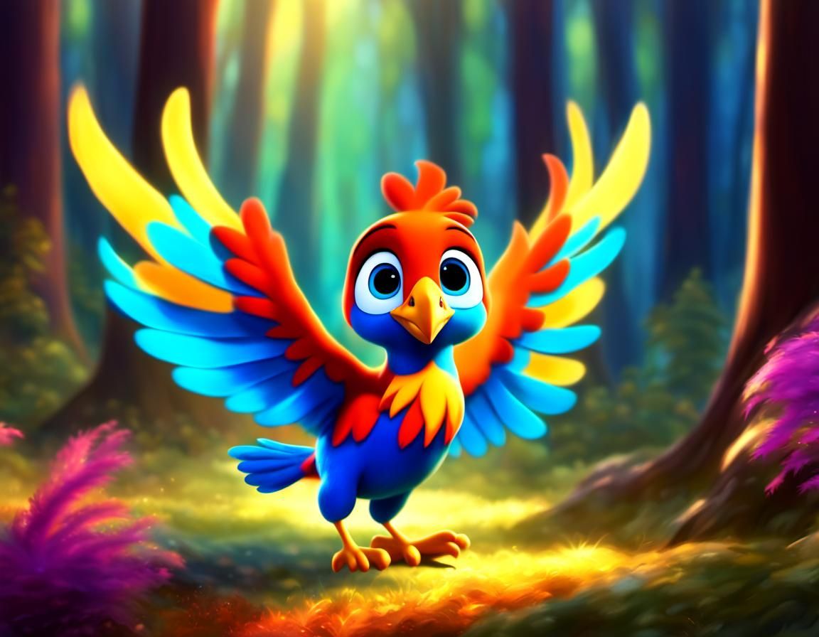 Playful Baby Phoenix in Enchanted Forest, Animated