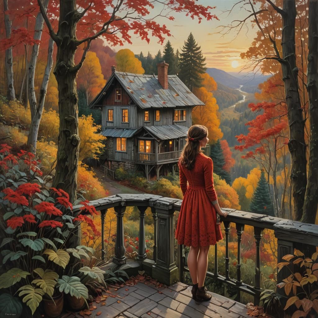Girl in Red Dress Watches Sunset, Oil Painting Style
