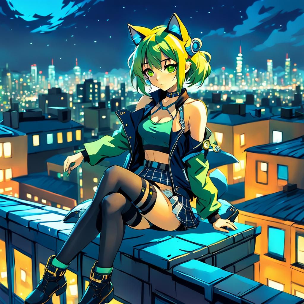 Anime Catgirl in Cityscape, Cel-Shaded Digital Art