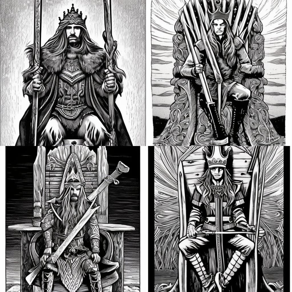 Monochrome Woodcut of an Elf King on Throne