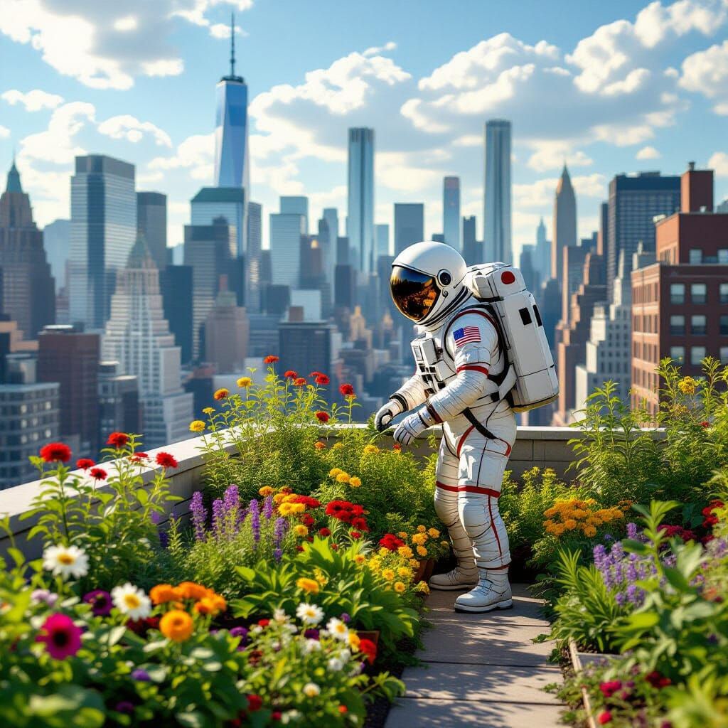 Astronaut's Rooftop Garden in Vibrant Cityscape
