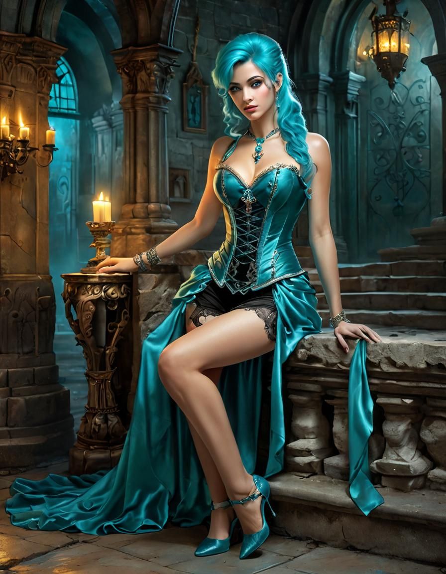 Turquoise Woman in Castle, Color Portrait Style
