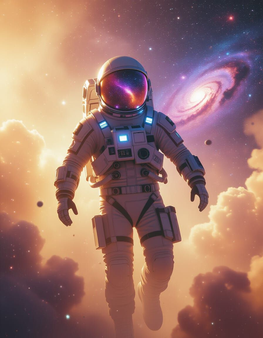 Astronaut in Retro-Futuristic Spacesuit Amidst Cosmic Dust C...