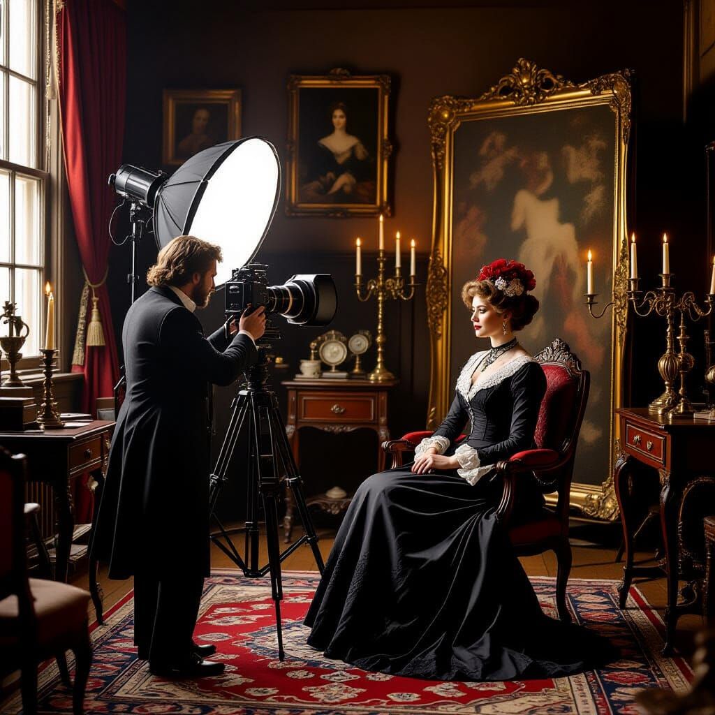 Victorian Photographer in Ornate Studio, Oil Painting Style