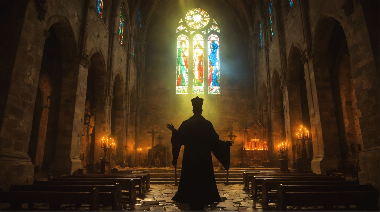 Cathedral Interior at Night with Vivid Light Beams