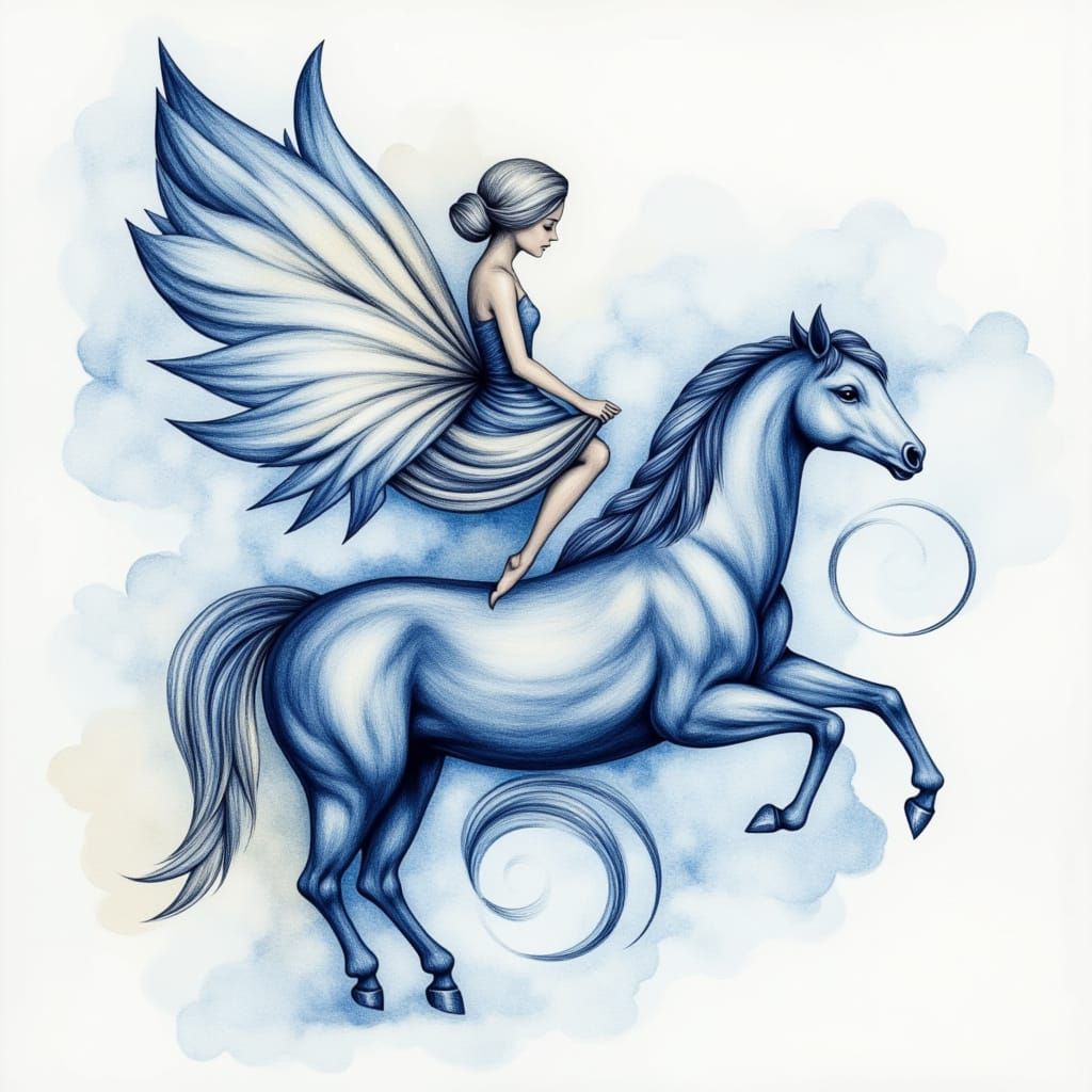 Whimsical Pixie Rides a Cloud Pony in Dreamy Digital Art
