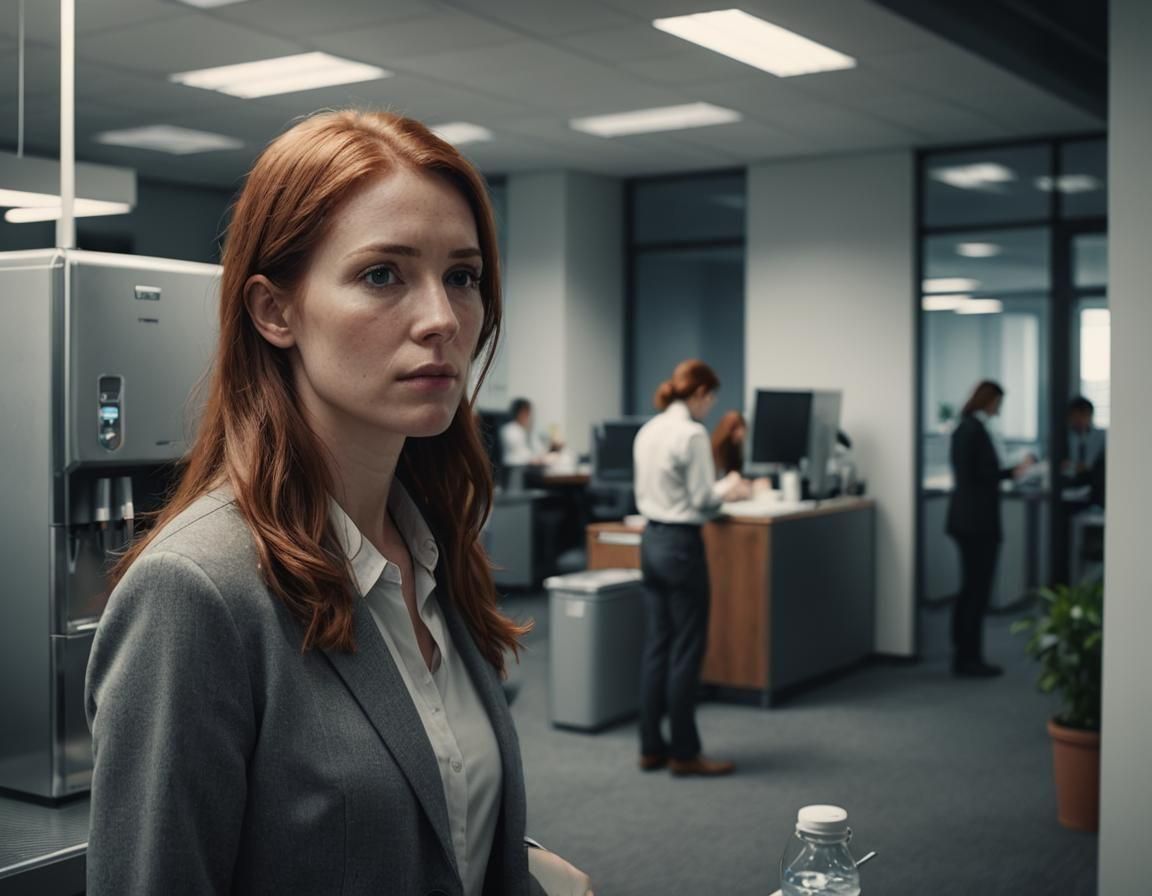 Sad woman with long red-brown hair looking out on open plan office from water cooler. 4 or 5 workers in smart casual dre...