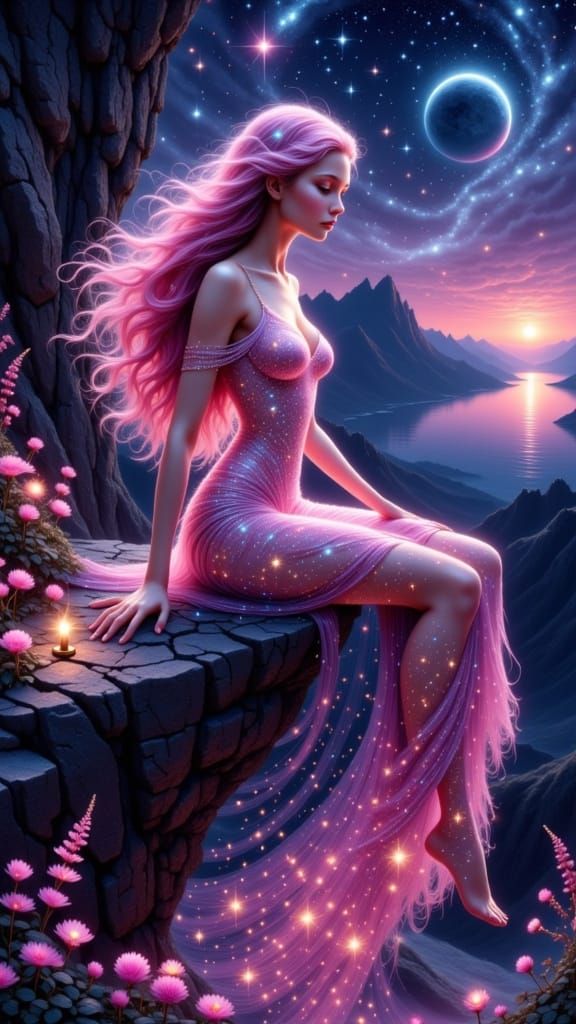 Woman in Starlight Dress on Cliff Overlooking Lake