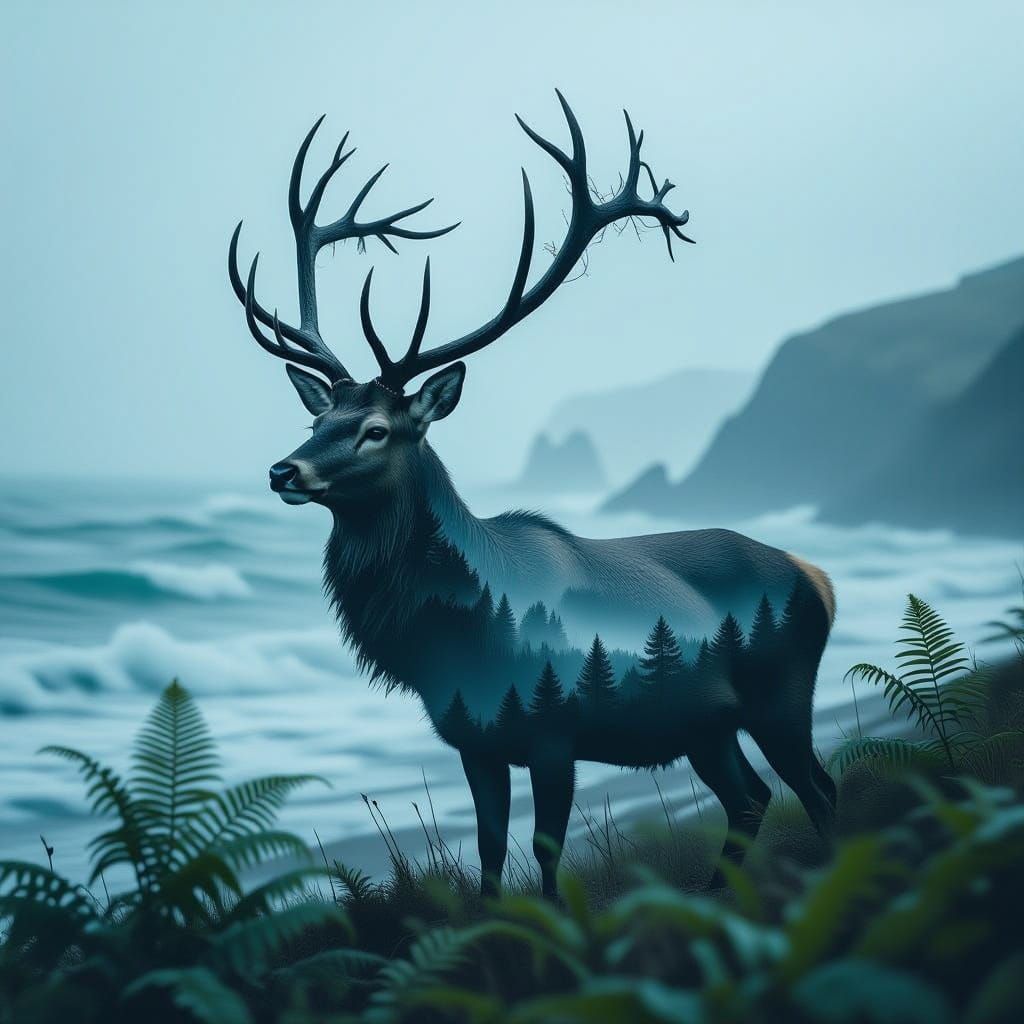 Majestic Stag Double Exposure Over Stormy Sea