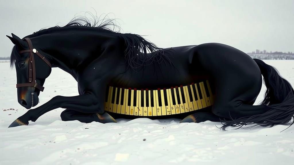 Surreal Black Horse with Piano Keys in Snow