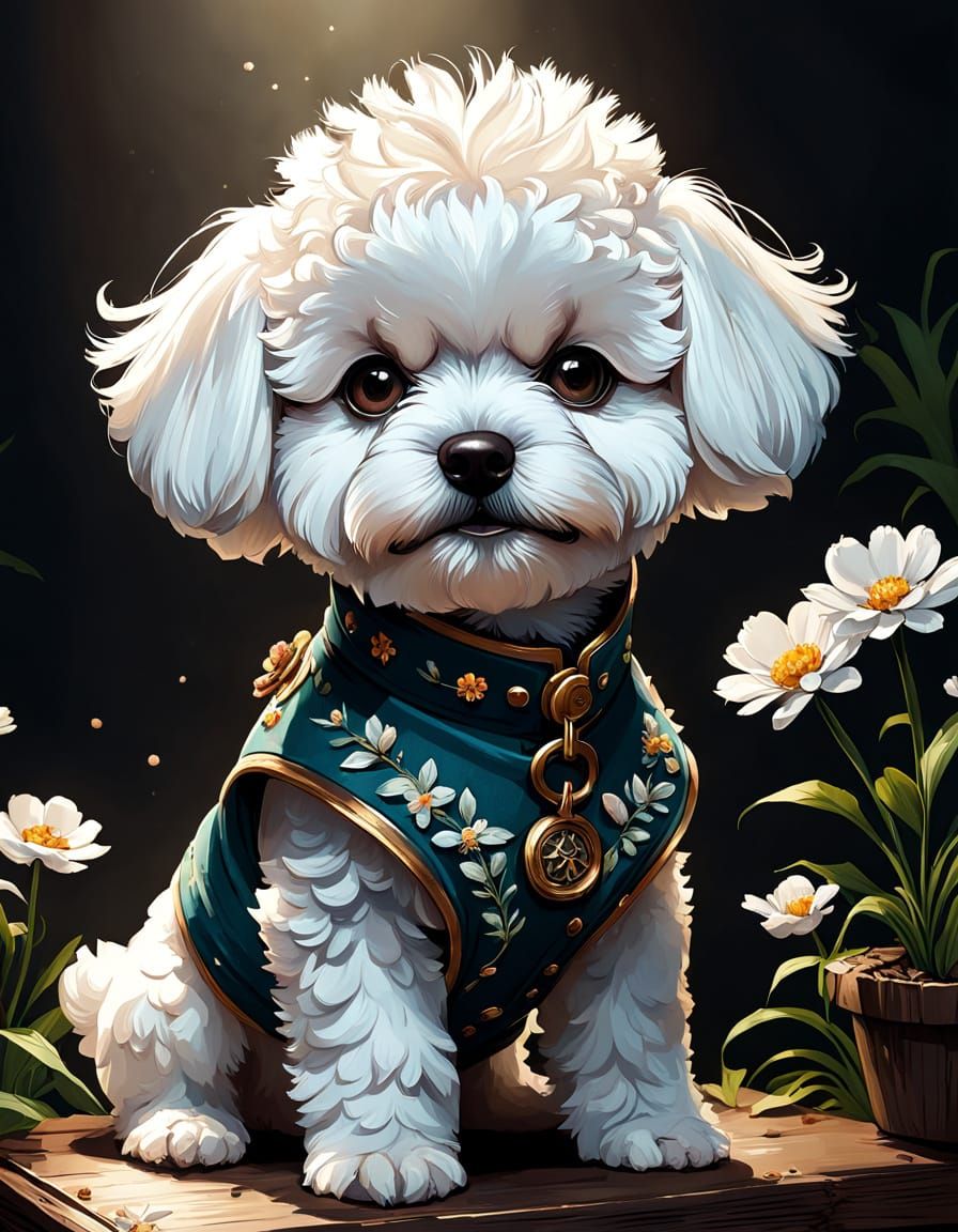 Surreal Baby Bichon Frise in Vibrant Floral Wonderland
