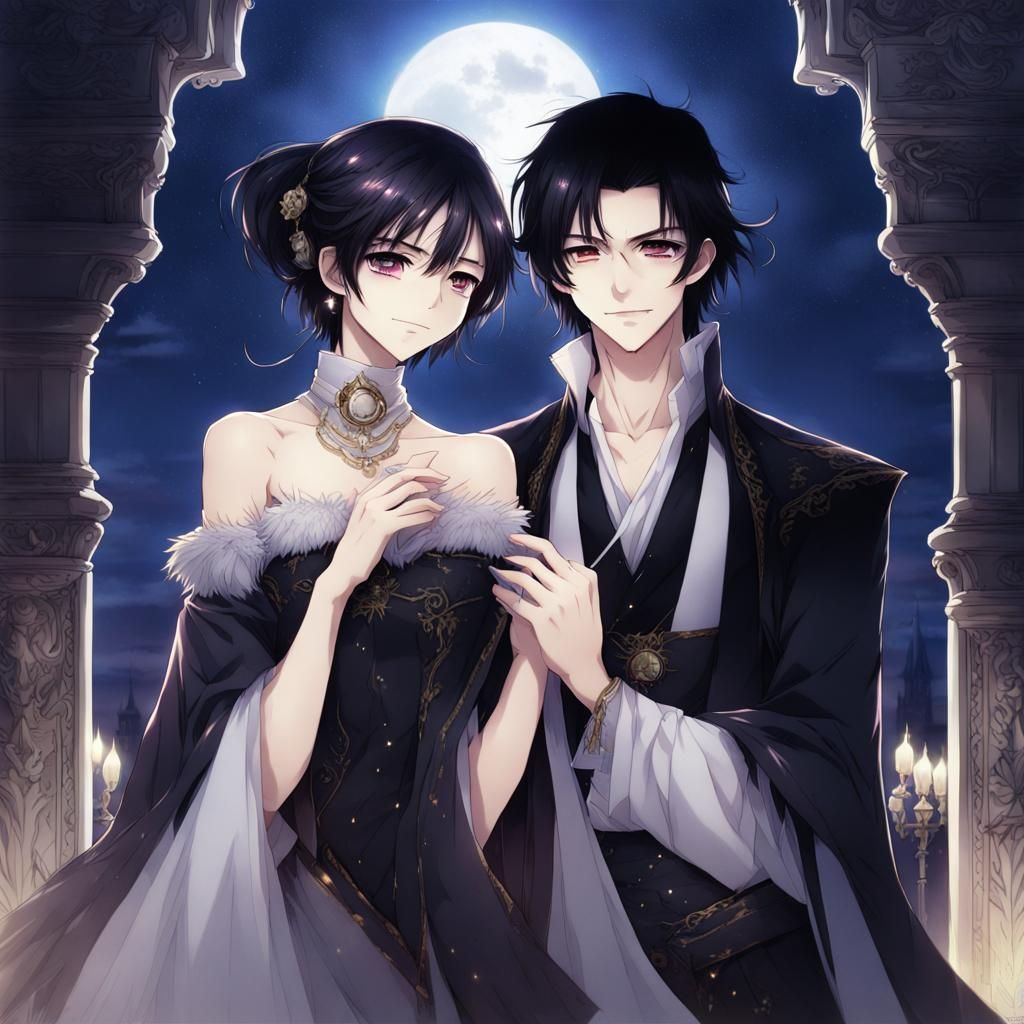 Anime Vampire Couple Under Moonlight Near Palace