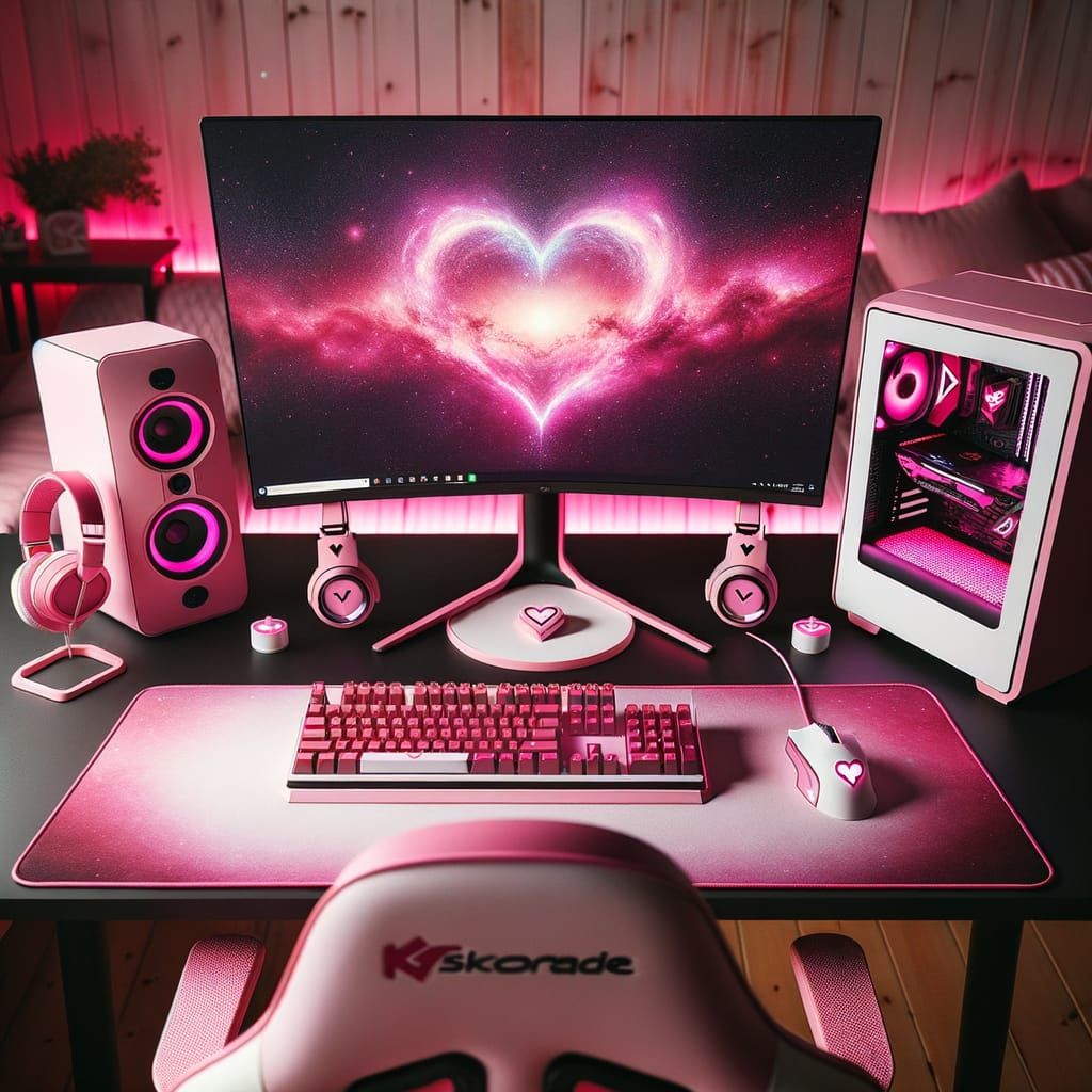 Pink Gaming Setup with Heart Galaxy Monitor