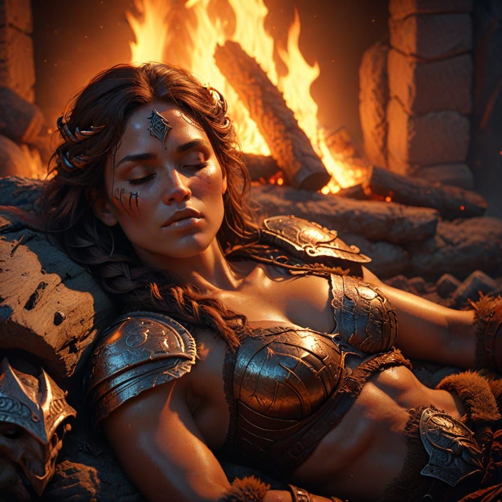 Barbarian Woman Rests by Firelight