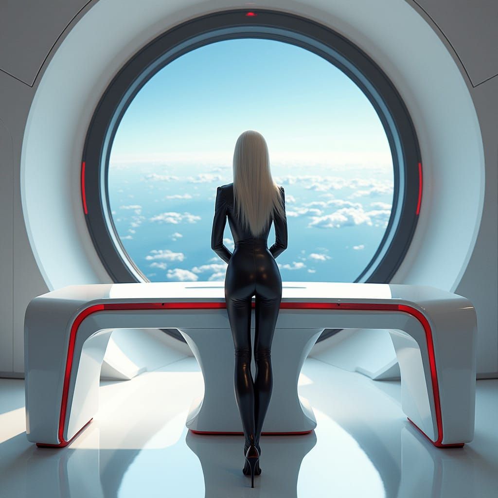 Elegant Futuristic Executive in a Well-Lit Office with a Stu...