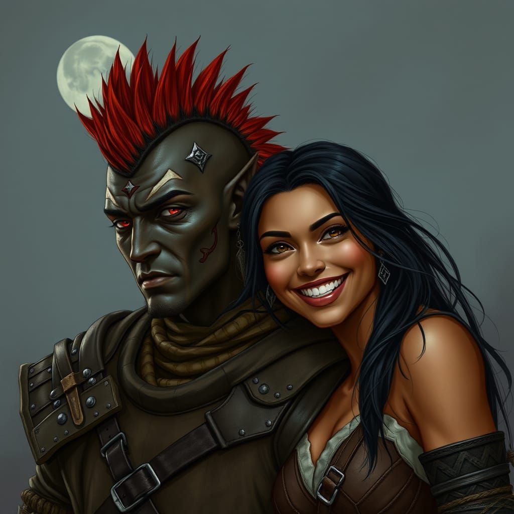 Dark Elf Warrior and Rogue Woman Under Moonlit Skies