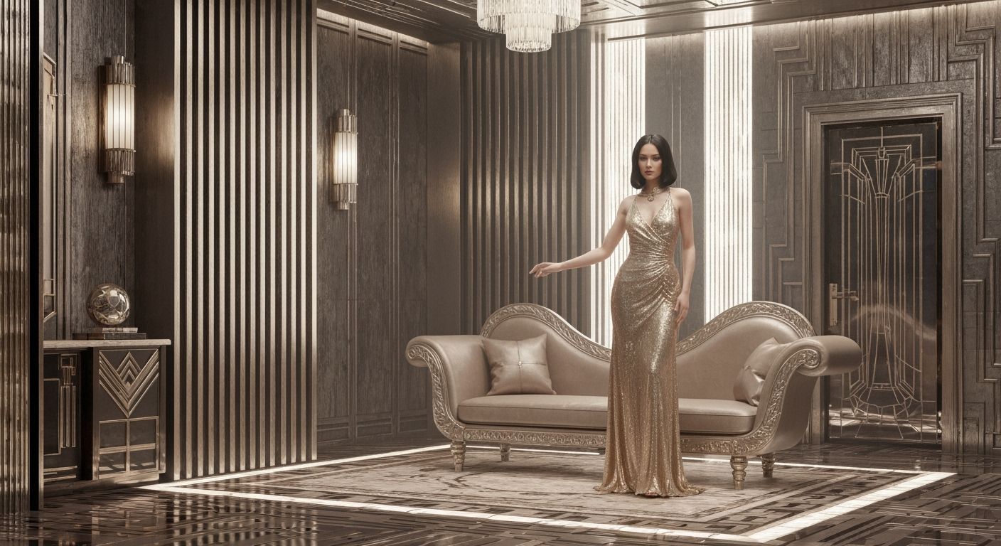 Elegant Woman in Art Deco Interior, 3D Visualization