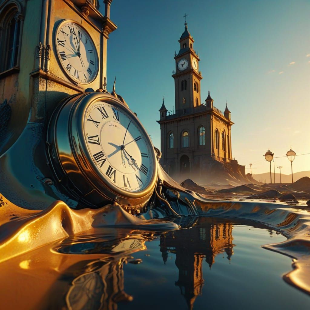 Surreal Melting Clock Tower Landscape in Dali Style