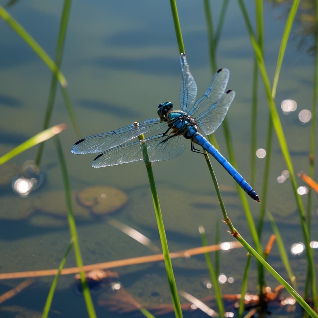 Blue Dragonfly in Forest Pond Macrophotography