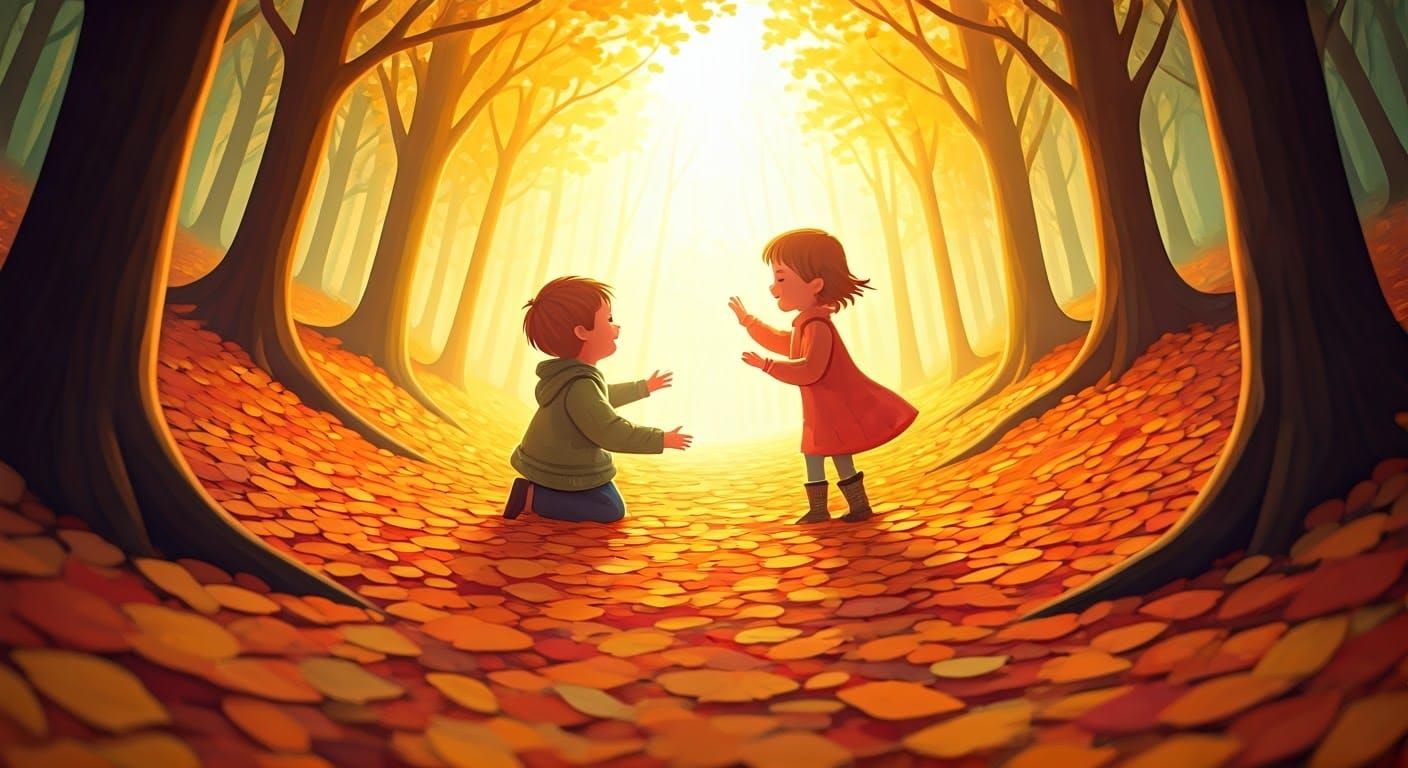 Children Playing in Autumnal Forest, Paper Art Style