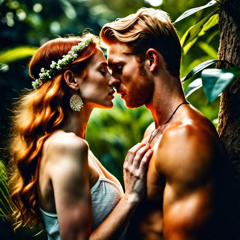 blonde man and ginger woman kissing