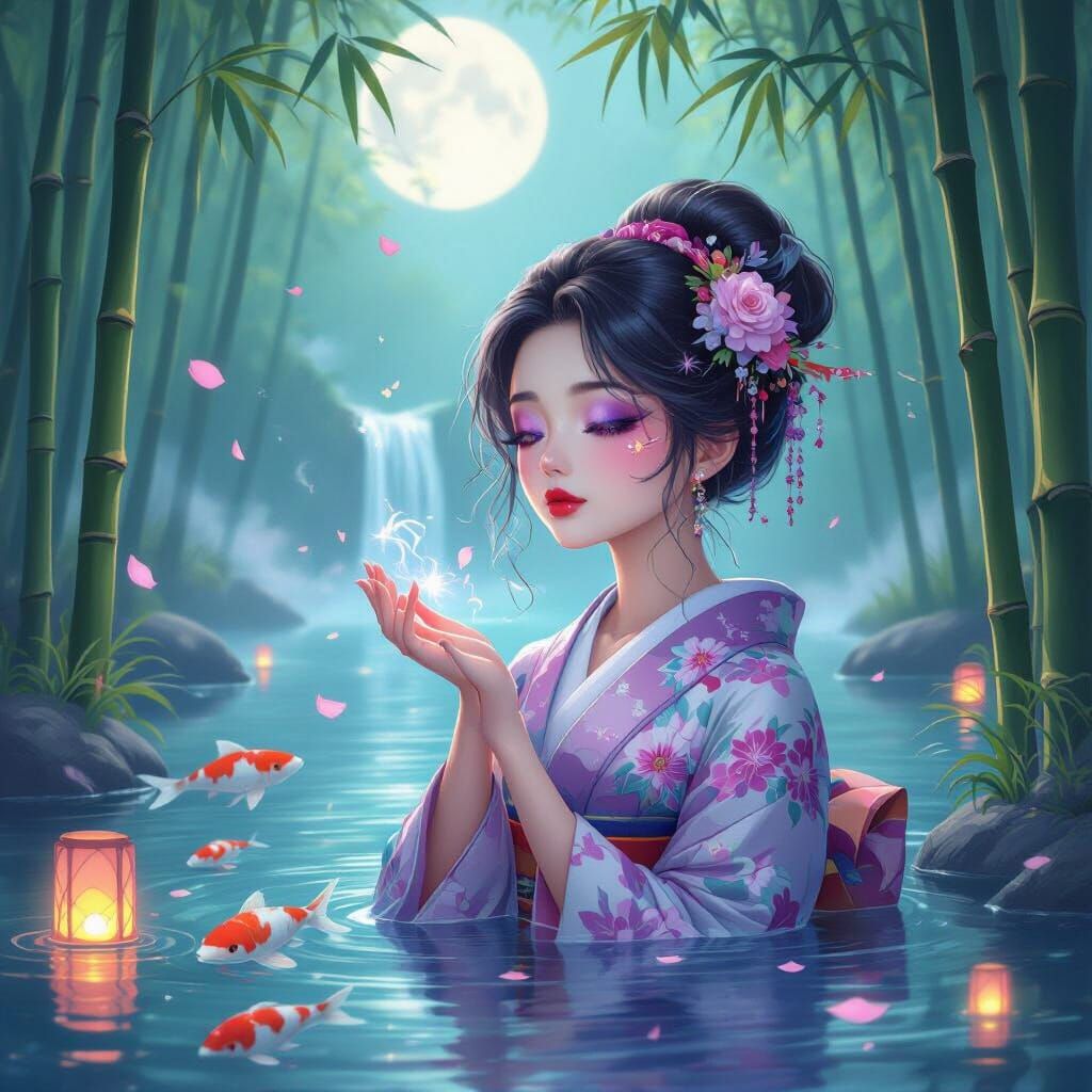 Mystical Woman in Bamboo Forest Under Moonlight