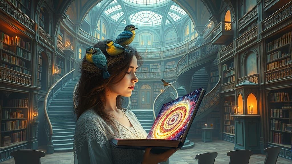 Surreal Library with Impossible Architecture and Glowing Boo...