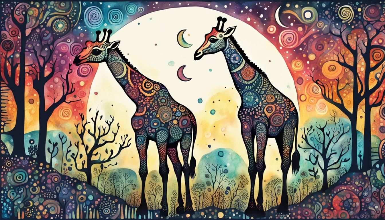 Colorful Giraffe in Moonlit Forest: Zentangle Illustration