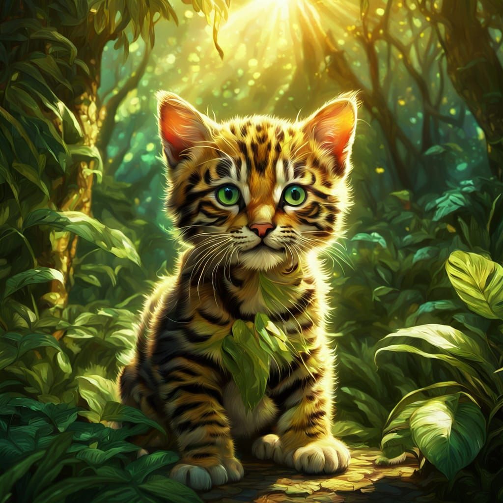 Fantasy Kitten Riding Tiger in Vibrant Jungle Landscape