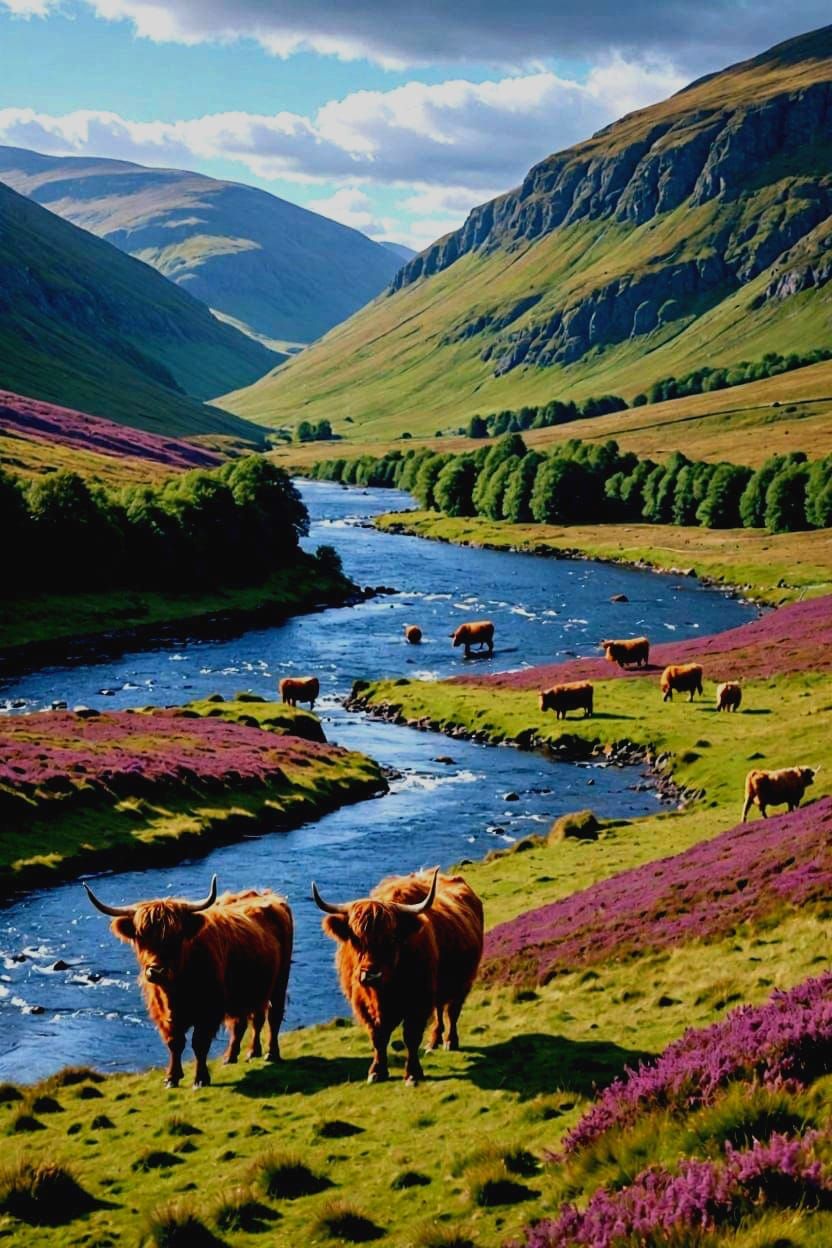 Scottish Highlands in Summer: Cows Grazing by River
