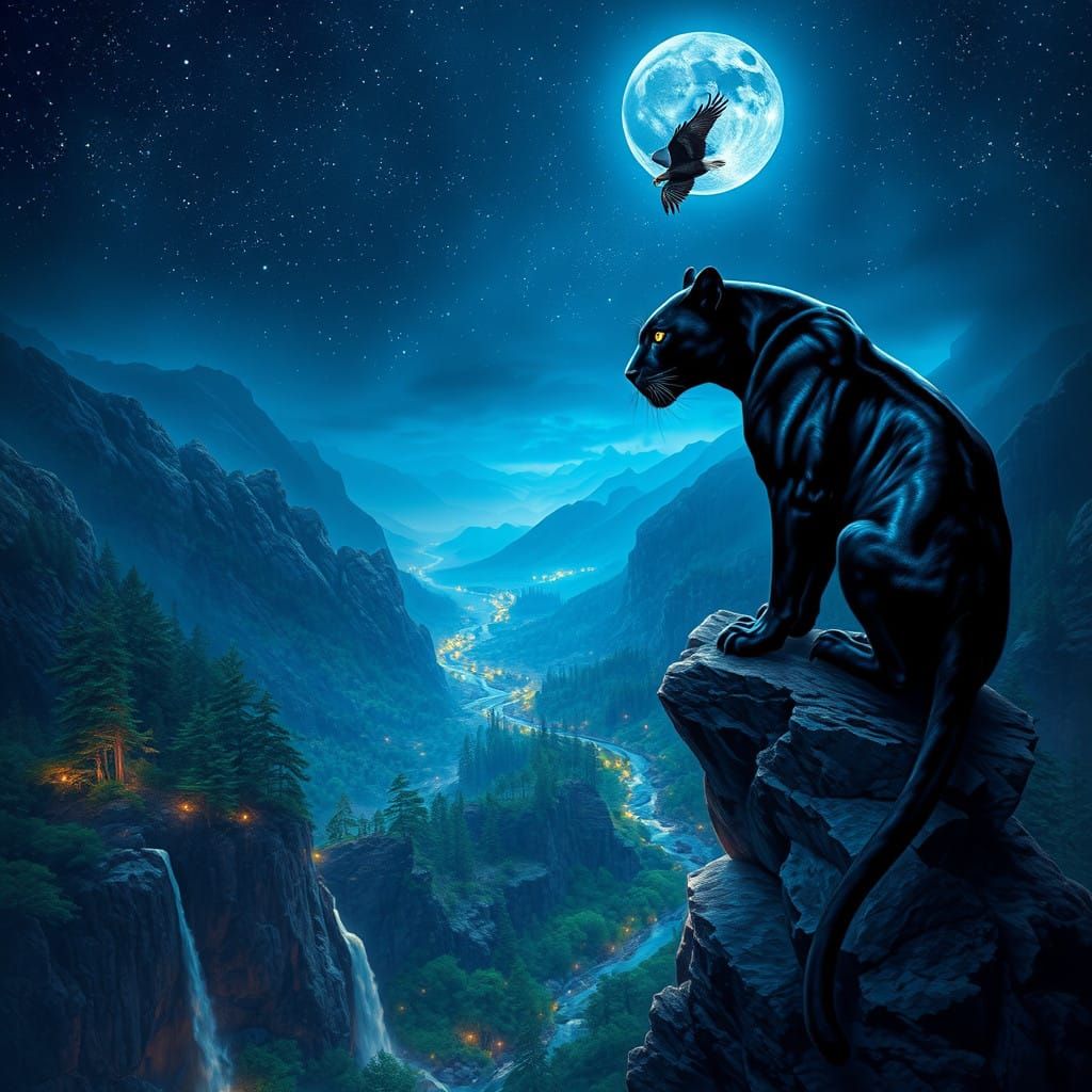 Majestic Panther Illuminated by Starlight in a Mystic Valley