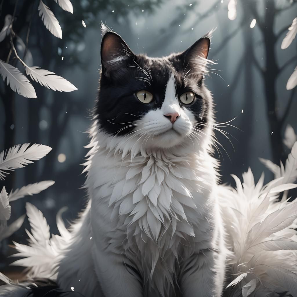 Dreamy Black and White Cat in Surreal Anime Style