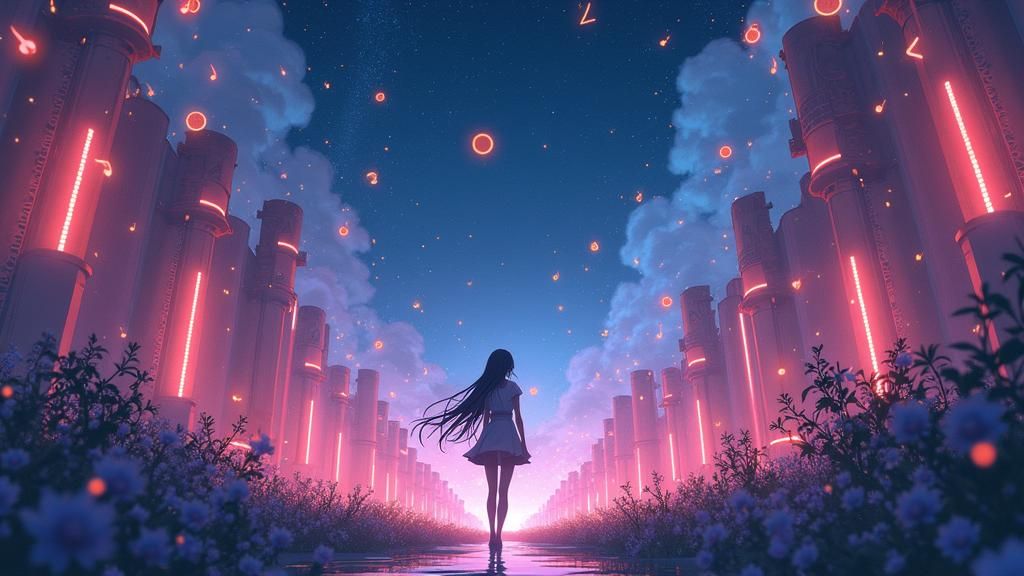 Anime Girl in Musical World with Neon Lighting