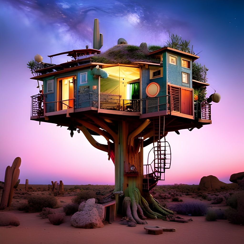 Detailed Cactus Treehouse Under Starry Galaxy