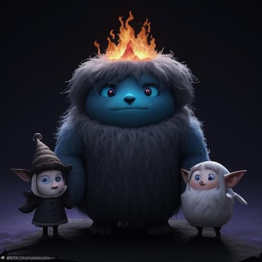 Whimsical Wooly Creature and Elf by Campfire