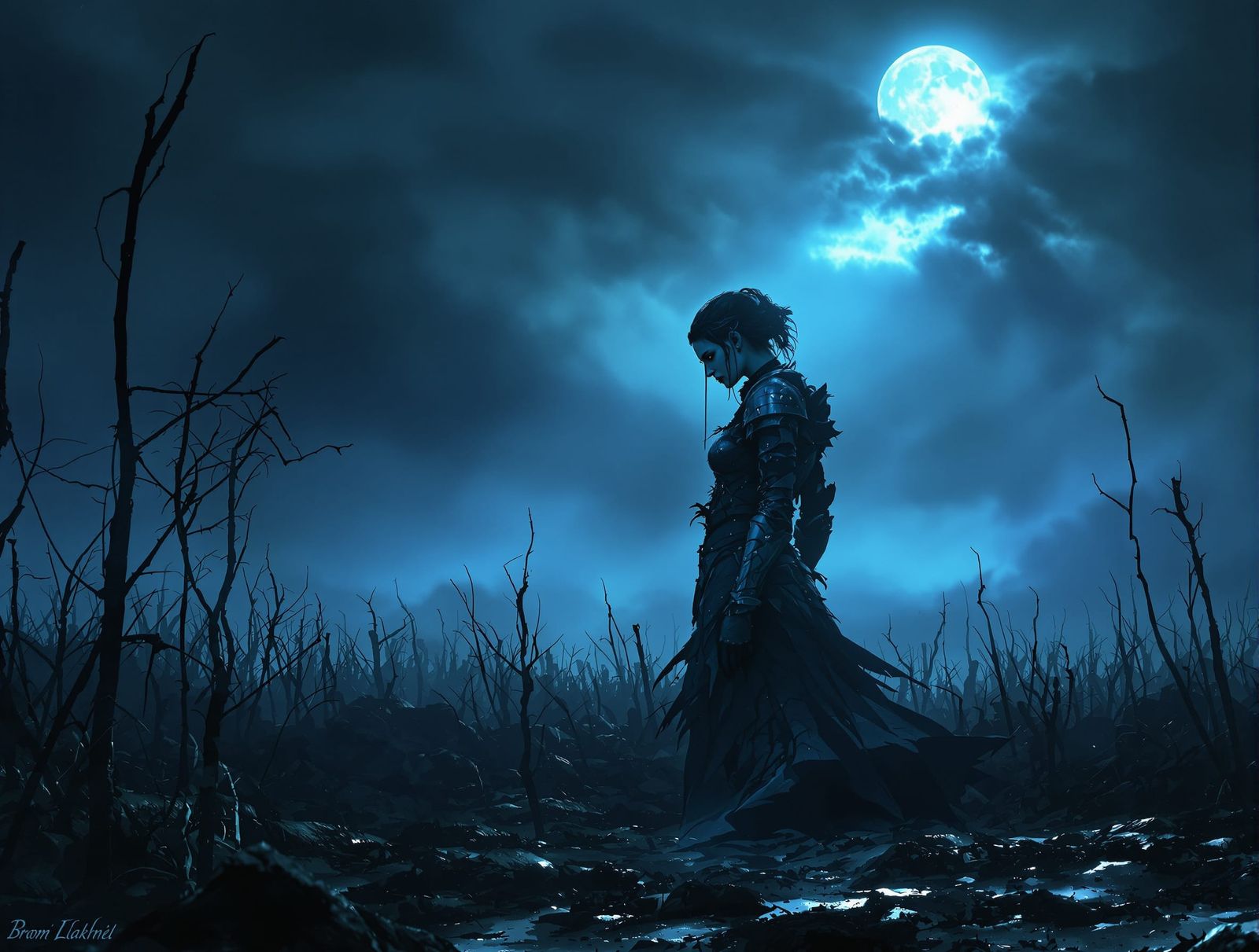 Gothic Warrior Woman on Desolate Battlefield