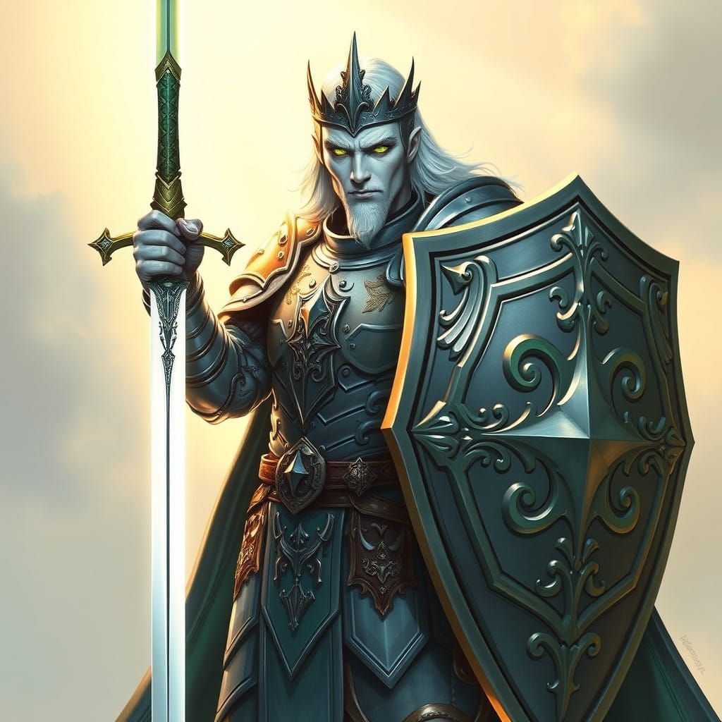 Regal Silver-Skinned Aasimar Paladin in Ornate Plate Armor