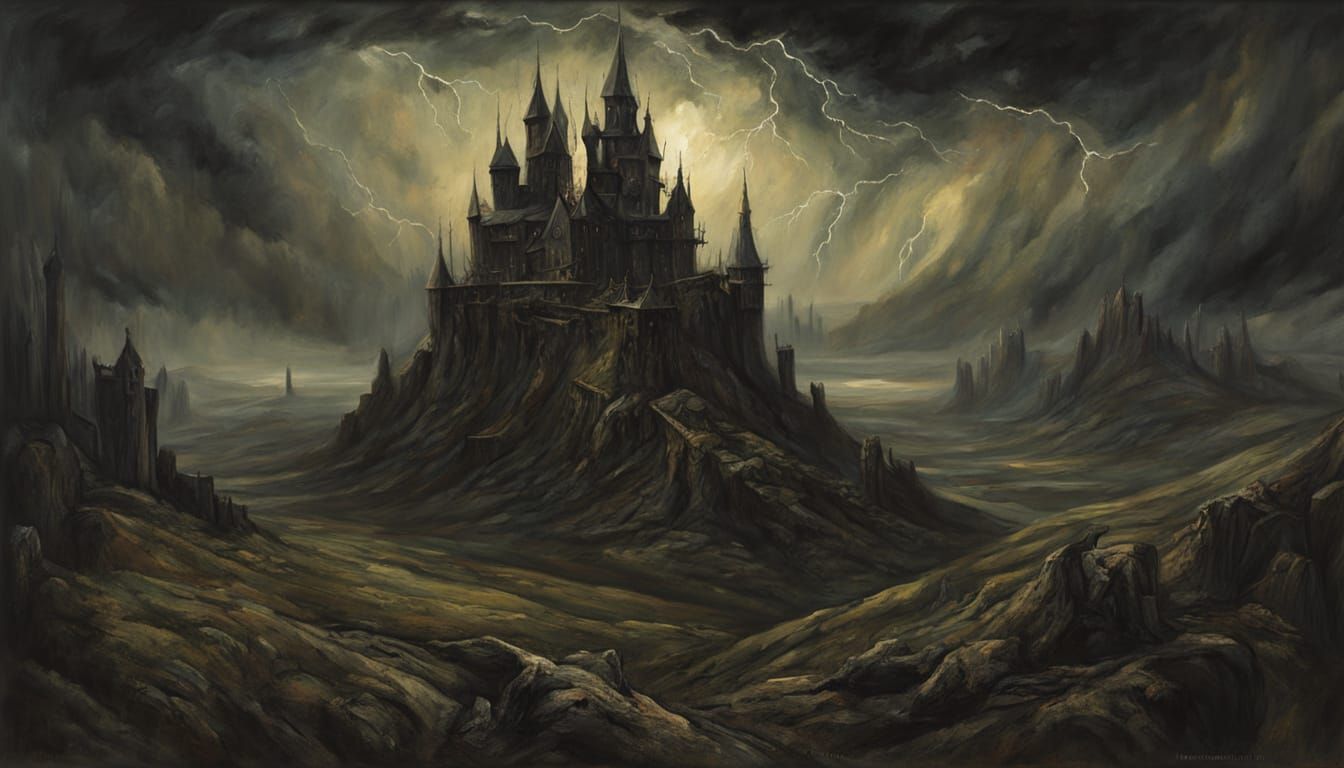 Dark Castle Amidst Lush, Smoky Landscapes