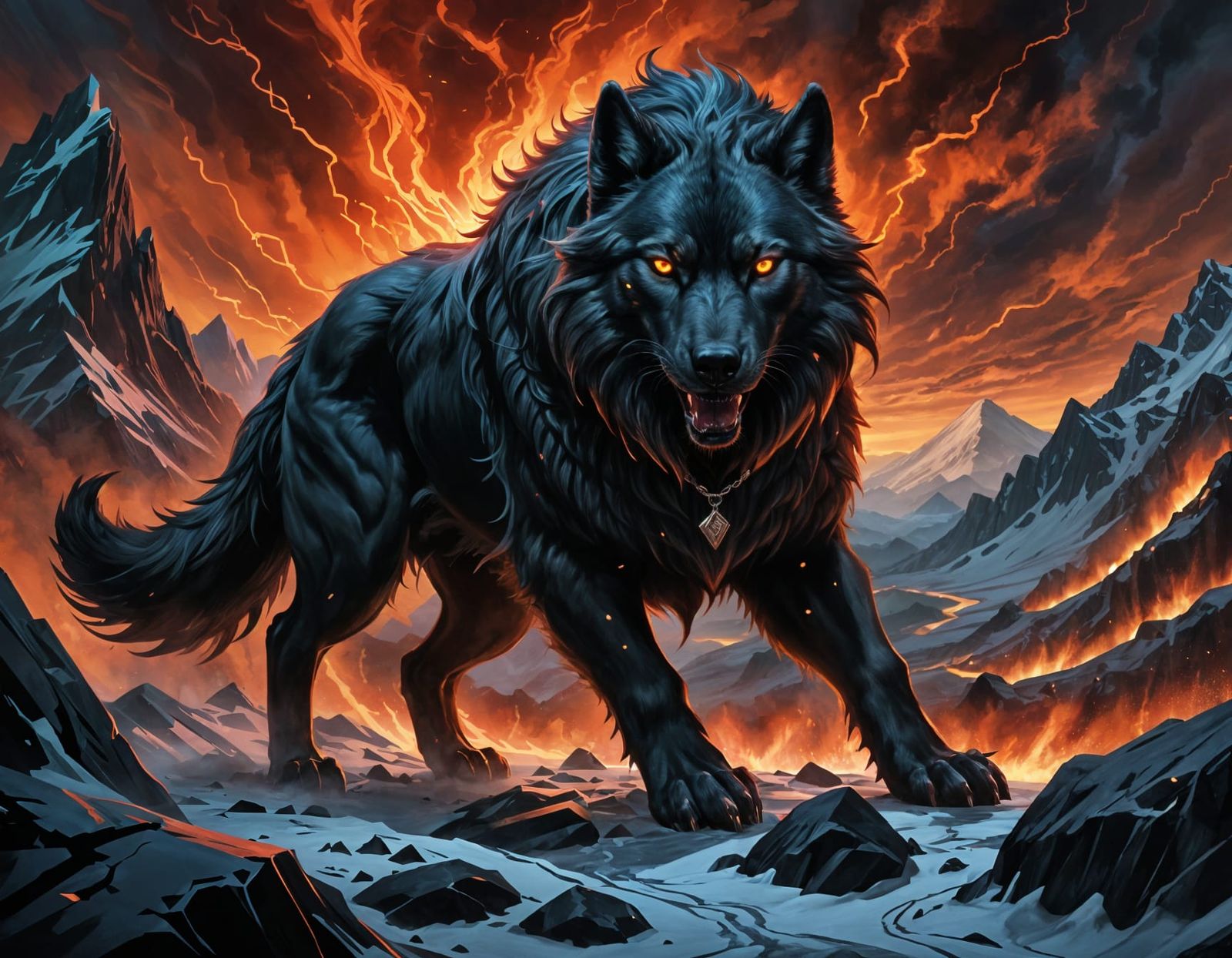 Fenrir, Norse Mythology's Colossal Wolf, Defiant on Ragnarök...