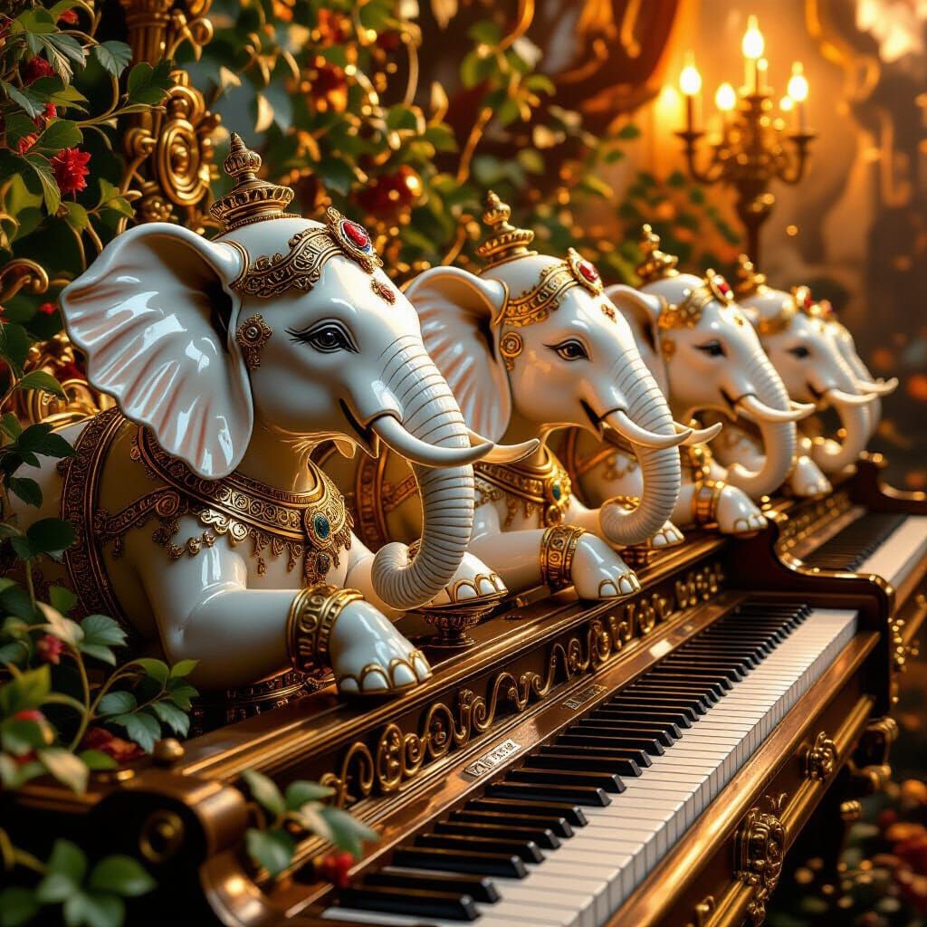 Clockwork Elephants Trumpeting Music in Golden Baroque Light