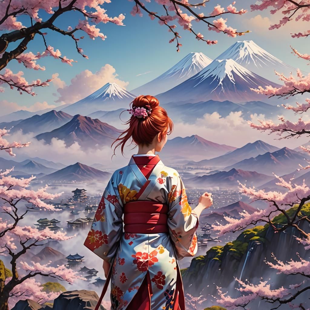 Miss Karate on Mount Fuji: Oil Painting