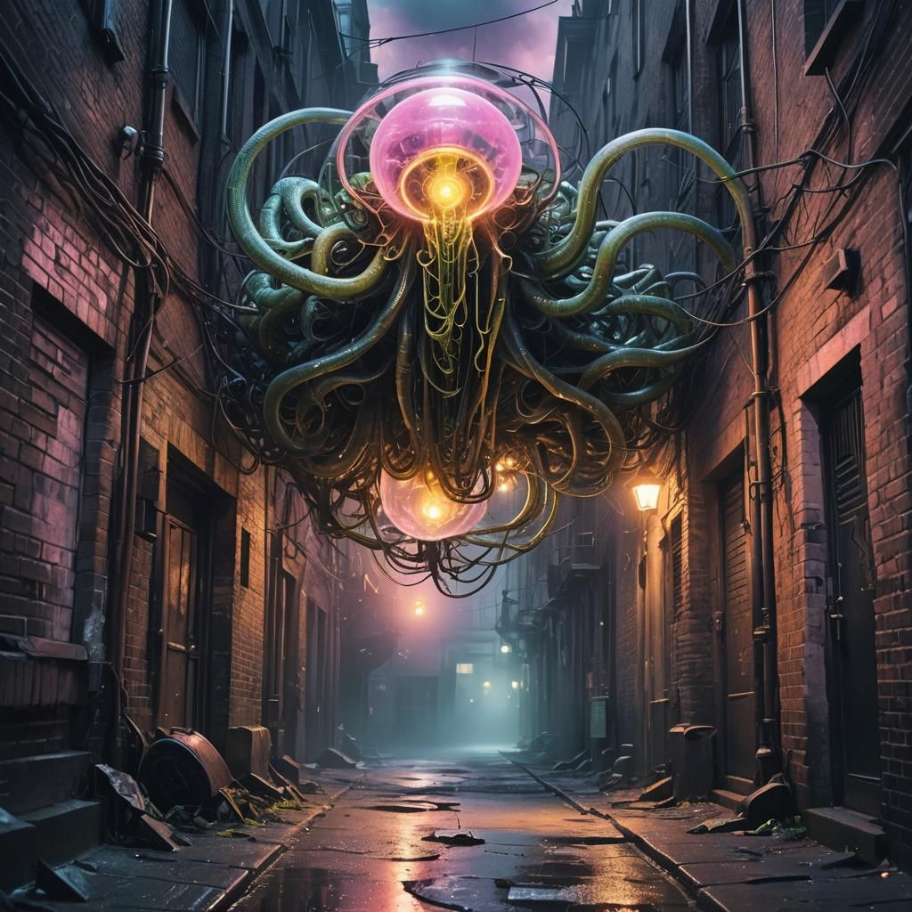 Mystical Entity in Abandoned Alleyway, Surreal Oil Painting