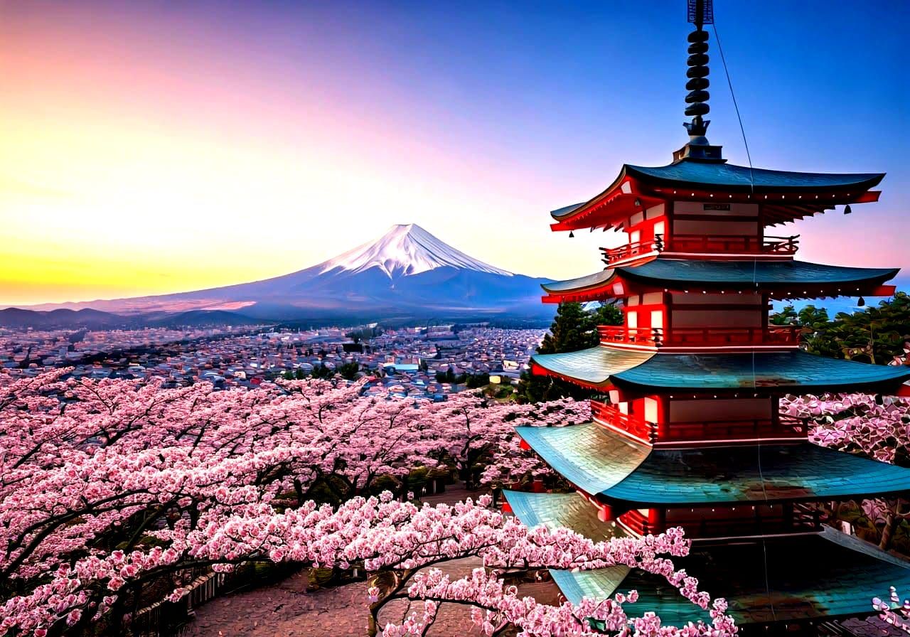Traditional Japanese Pagoda Amidst Cherry Blossoms and Mount...
