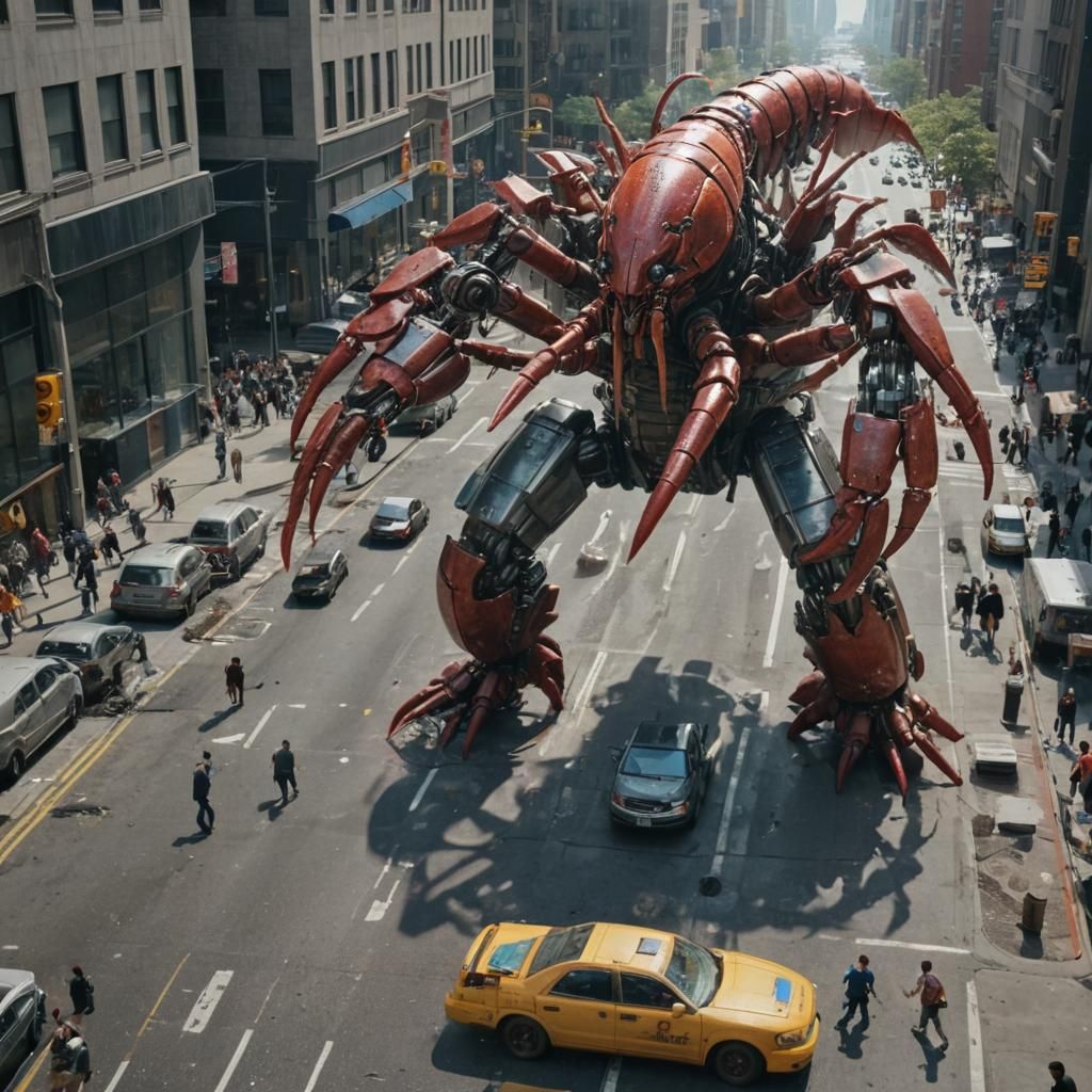 Metallic Lobster Mech Rampage in Manhattan