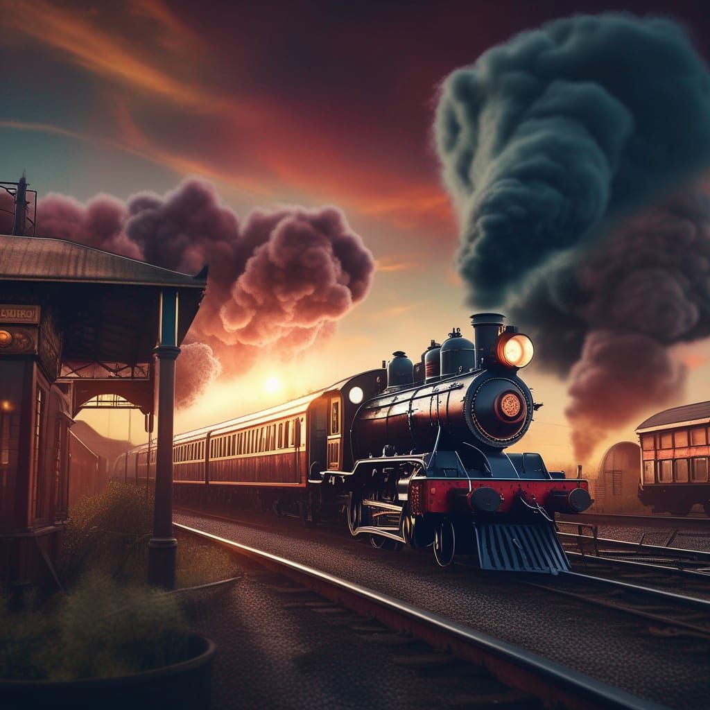 Steam Locomotive at Sunrise: Detailed Matte Painting