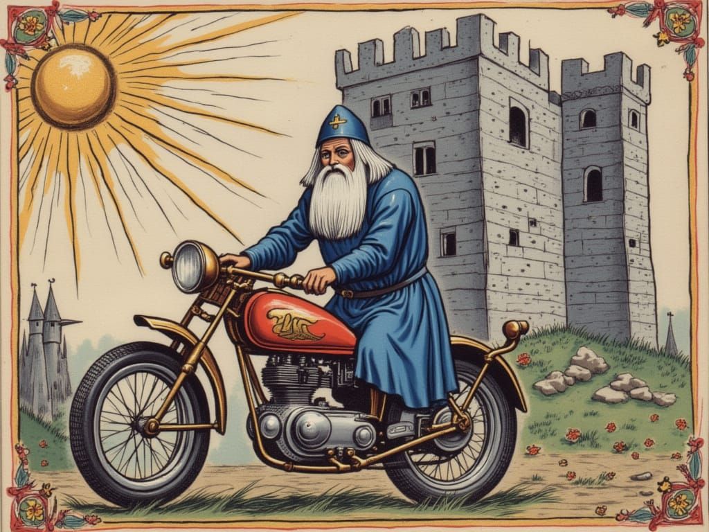 Wizard on Motorbike in Medieval Manuscript Style