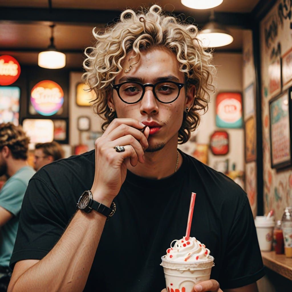 Grunge Guy Sips Milkshake with Aesthetic Style